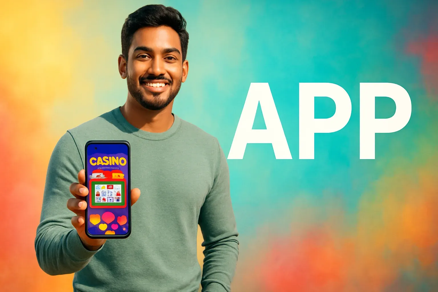 Young Bangladeshi man holding smartphone with colorful casino app interface on bright background