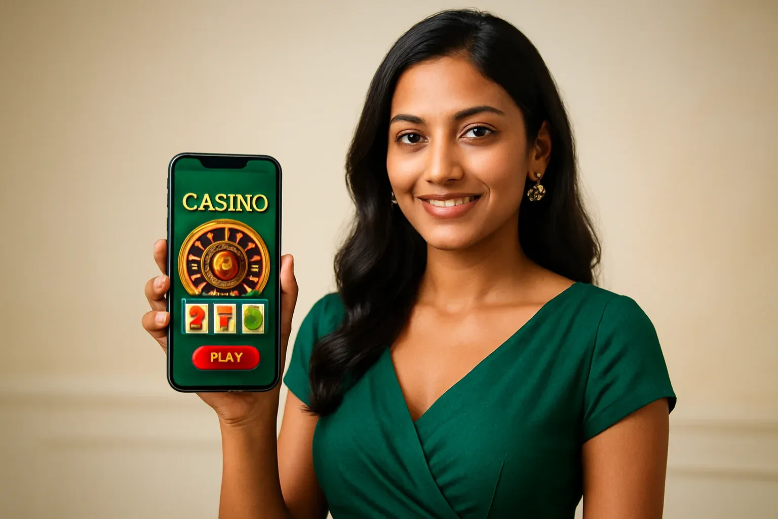 Indian woman in modern dress holding smartphone showing casino app interface on bright background