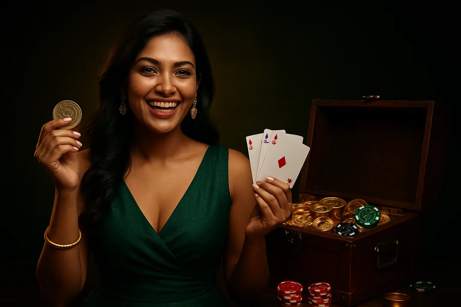Indian woman in green dress holding gold coins and playing cards with treasure chest filled with coins and chips in festive background