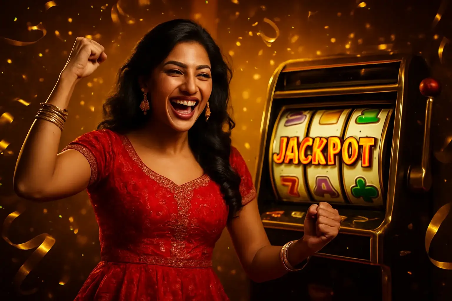 Joyful Indian woman in red dress celebrating with golden ribbons and slot machine jackpot