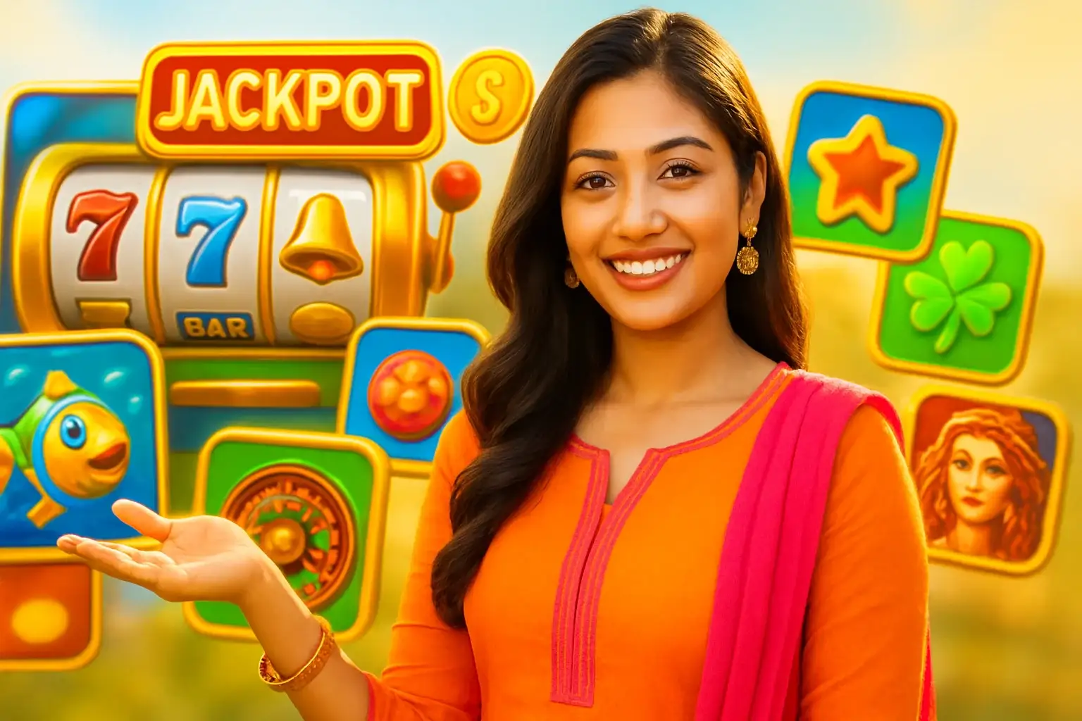 Hyperrealistic banner with Indian woman and colorful slot game collage