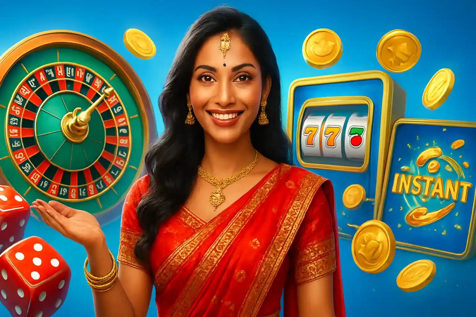 Beautiful Indian woman in red and gold outfit with casino games background