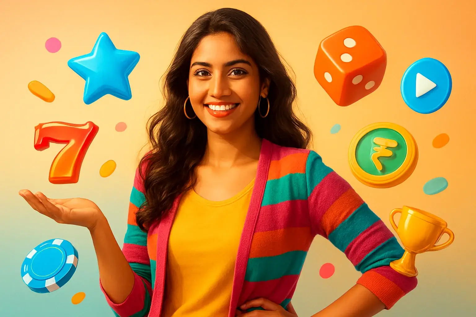 Hyperrealistic banner with Indian woman and colorful instant casino game elements in bright studio lighting