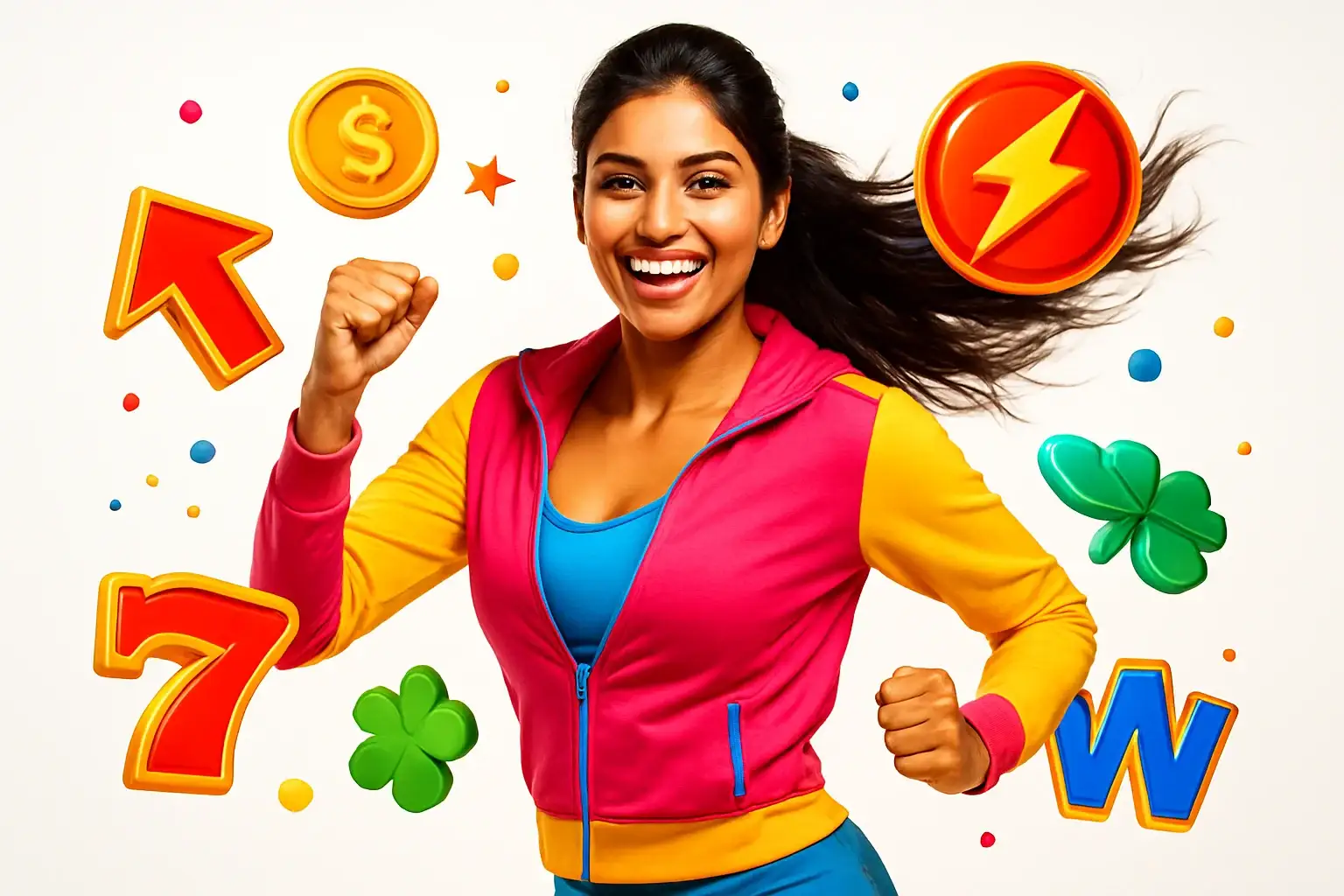 Hyperrealistic banner of Indian woman in vibrant sporty outfit with colorful instant game elements and fast-play icons on bright background