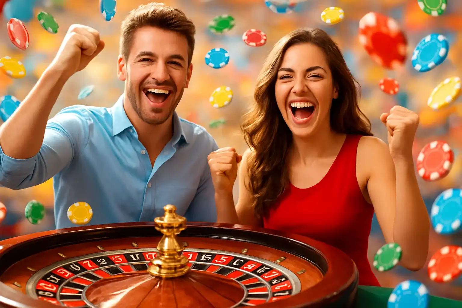 Young man and woman celebrating near roulette table with colorful chips flying