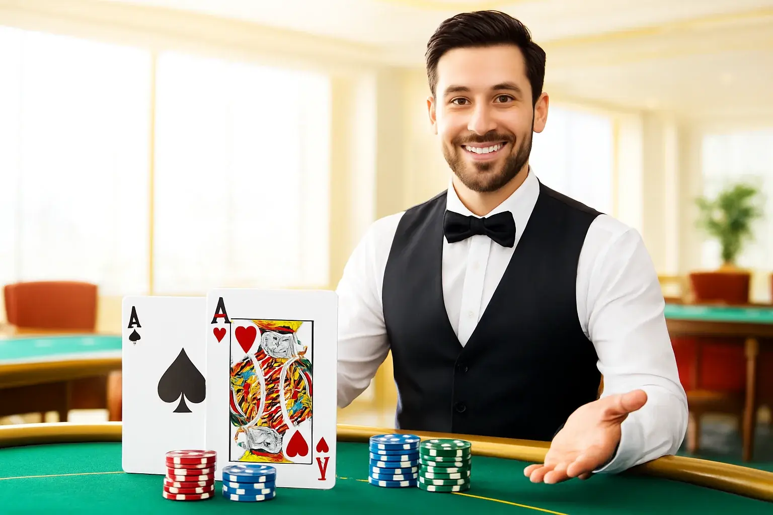 Professional blackjack dealer at table with cards and chips in bright casino