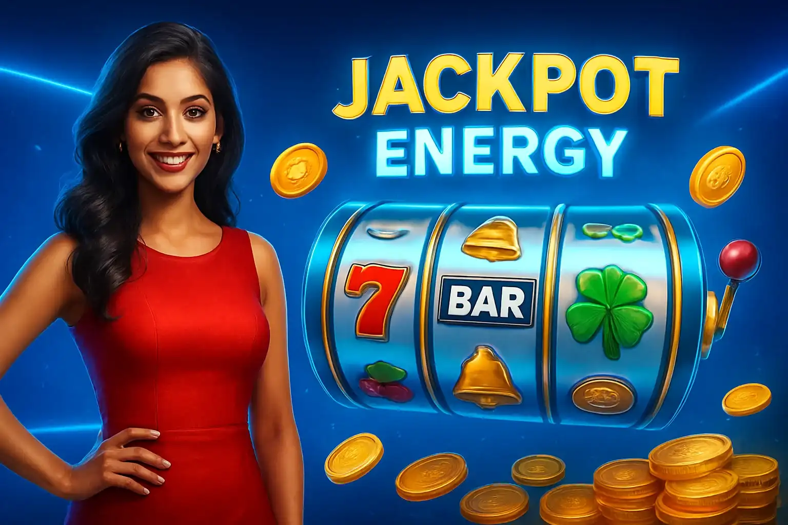 Hyperrealistic slot banner with Indian woman in red dress, big slot reels, lucky symbols, and gold coins