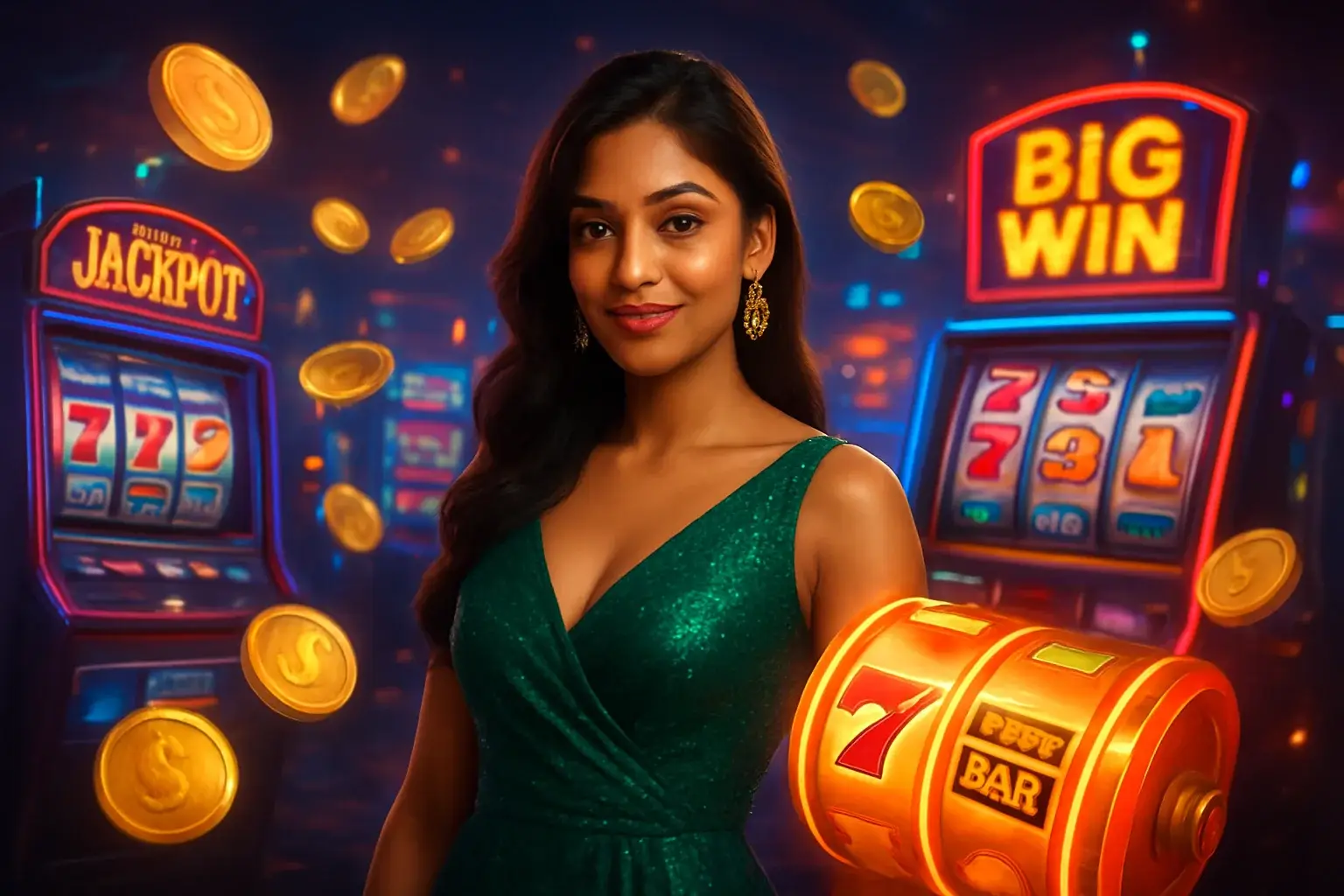 Indian woman in green dress with colorful slot machines and flying coins in vibrant casino background