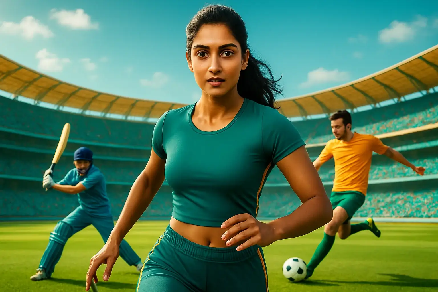 Indian woman in sporty outfit with cricket and football players in bright stadium