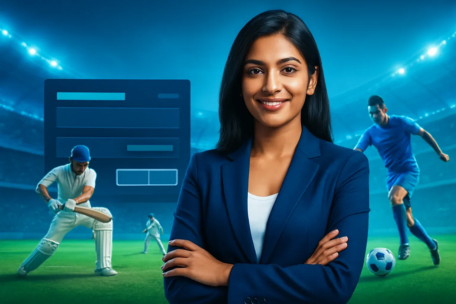Confident Indian woman in blazer with cricket and football scenes in stadium background